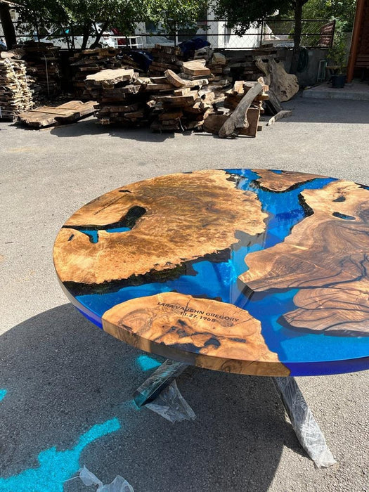 Round Dining Table, Custom 60” Diameter Round Table, Walnut Transparent Blue Epoxy Table, Epoxy Resin Table, Custom Name Order for Sara G