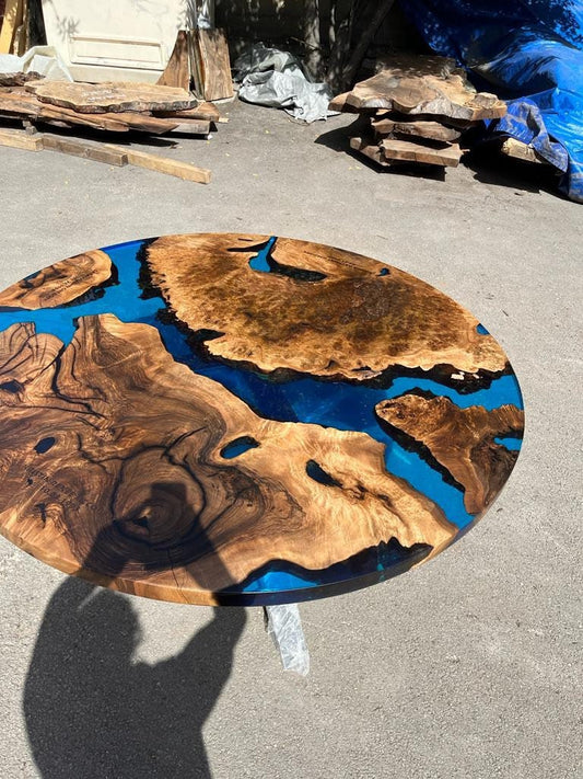 Round Dining Table, Custom 60” Diameter Round Table, Walnut Transparent Blue Epoxy Resin Table, Custom Name Logo Order for Sara G