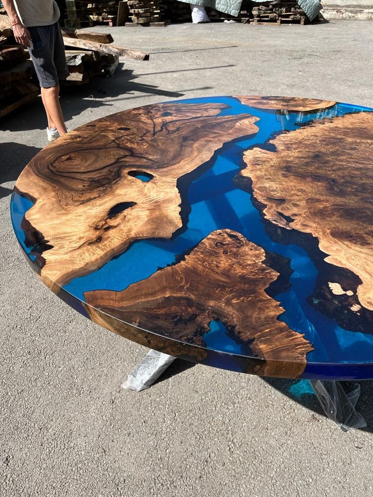 Round Dining Table, Custom 60” Diameter Round Table, Walnut Transparent Blue Epoxy Resin Table, Custom Name Logo Order for Sara G