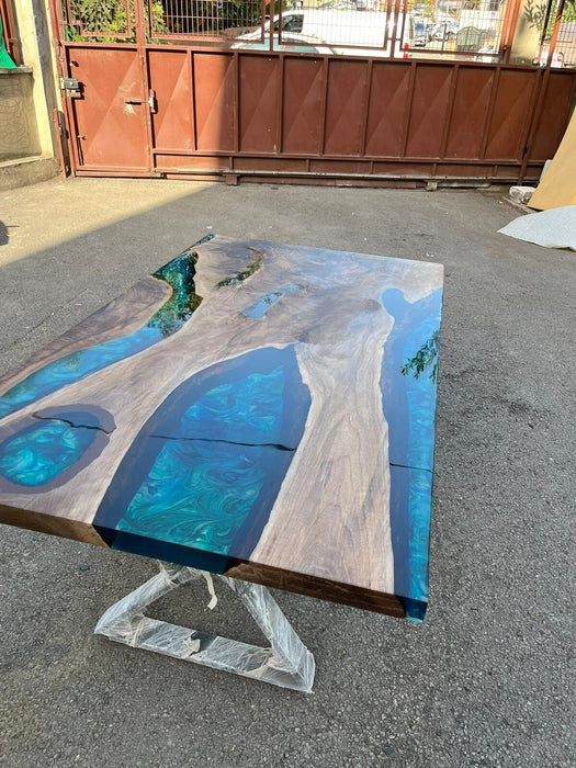 Epoxy Table, Epoxy Dining Table, Walnut Epoxy River Table, Custom 66” x 38” Walnut Blue, Turquoise, Green Epoxy Table Order for Carl