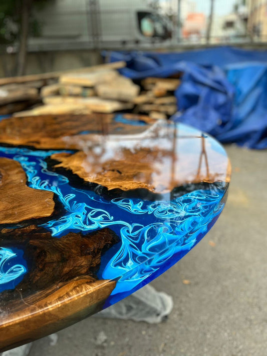 Custom 60” Diameter Round Table, Walnut Wood Ocean Shiny Blue with Waves Table, Epoxy Dining Table, Wooden Table, for Danielle J