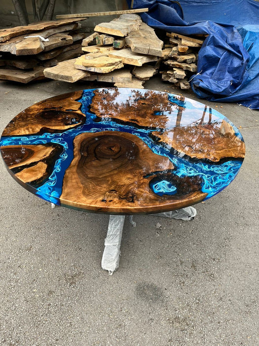 Custom 60” Diameter Round Table, Walnut Wood Ocean Shiny Blue with Waves Table, Epoxy Dining Table, Wooden Table, for Danielle J