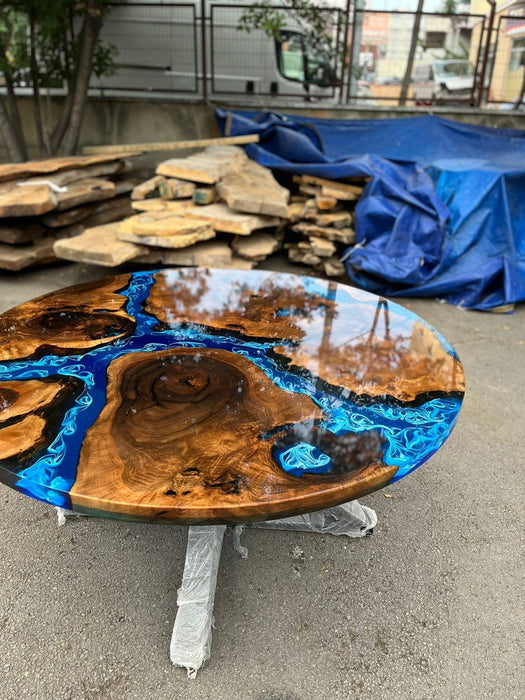 Custom 60” Diameter Round Table, Walnut Wood Ocean Shiny Blue with Waves Table, Epoxy Dining Table, Wooden Table, for Danielle J