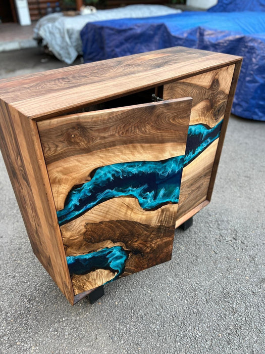 Custom 38” x 14” x 38” Epoxy Wood Credenza , Walnut Blue Epoxy Resin Cabinet, Blue River Credenza for Yohana