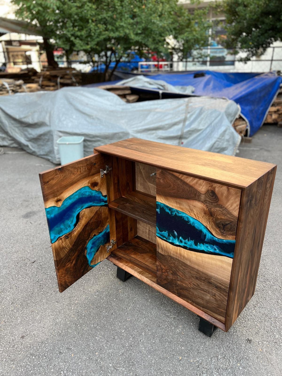 Custom 38” x 14” x 38” Epoxy Wood Credenza , Walnut Blue Epoxy Resin Cabinet, Blue River Credenza for Yohana