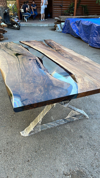 Custom 84” x 48” Walnut Smoke Gray Epoxy River Table Order for Krishawn 2