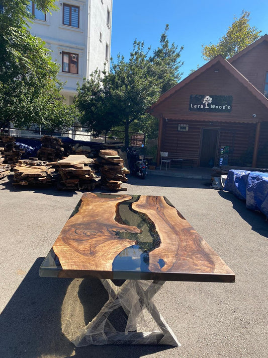 Custom 84" x 42"  Walnut Wood Transparent Gray Epoxy Table Order for Jeff