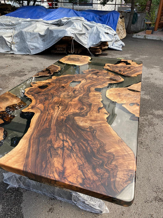 Epoxy Table, Epoxy Dining Table, Walnut Epoxy River Table, Custom 95” x 42” Walnut Smokey Gray Epoxy River Table Order for Joselin