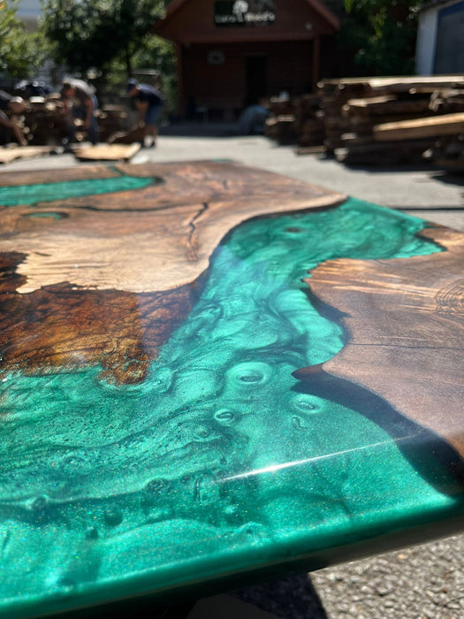 Live Edge Table, Custom 48” x 30" Walnut Wood Metallic Emerald Green Epoxy Table Order for Bryan W