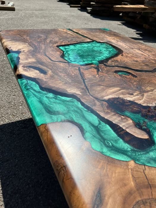 Live Edge Table, Custom 48” x 30" Walnut Wood Metallic Emerald Green Epoxy Table Order for Bryan W