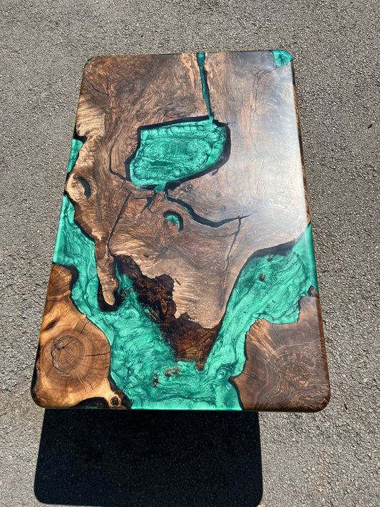 Live Edge Table, Custom 48” x 30" Walnut Wood Metallic Emerald Green Epoxy Table Order for Bryan W