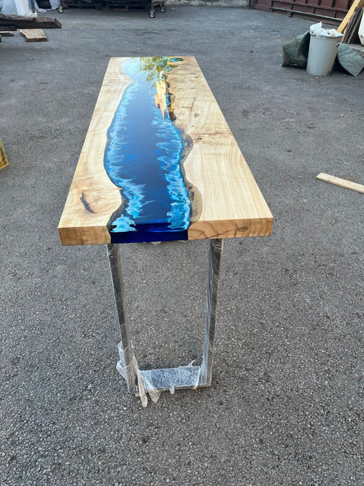 Ocean Table, Poplar Table, Custom 56” x 16” Poplar Ocean Blue, Turquoise White Waves Table, Epoxy River Dining Table Order for Elizabeth