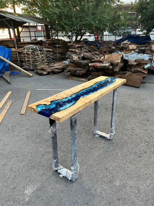 Ocean Table, Poplar Table, Custom 56” x 16” Poplar Ocean Blue, Turquoise White Waves Table, Epoxy River Dining Table Order for Elizabeth