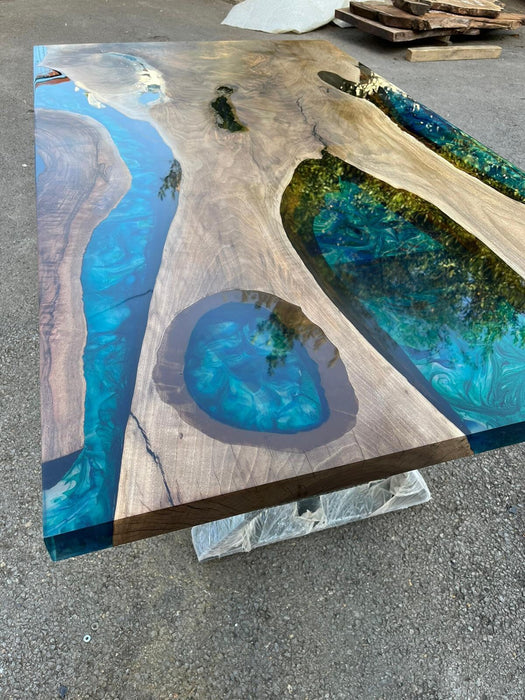 Epoxy Table, Epoxy Dining Table, Walnut Epoxy River Table, Custom 66” x 38” Walnut Blue, Turquoise, Green Epoxy Table Order for Carl