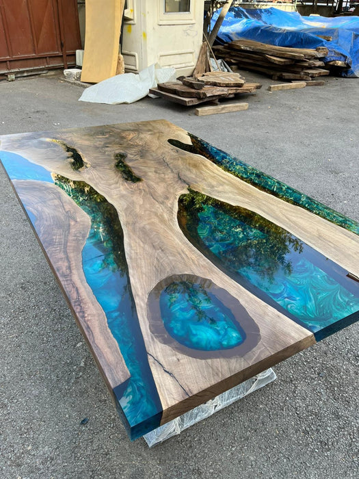 Epoxy Table, Epoxy Dining Table, Walnut Epoxy River Table, Custom 66” x 38” Walnut Blue, Turquoise, Green Epoxy Table Order for Carl