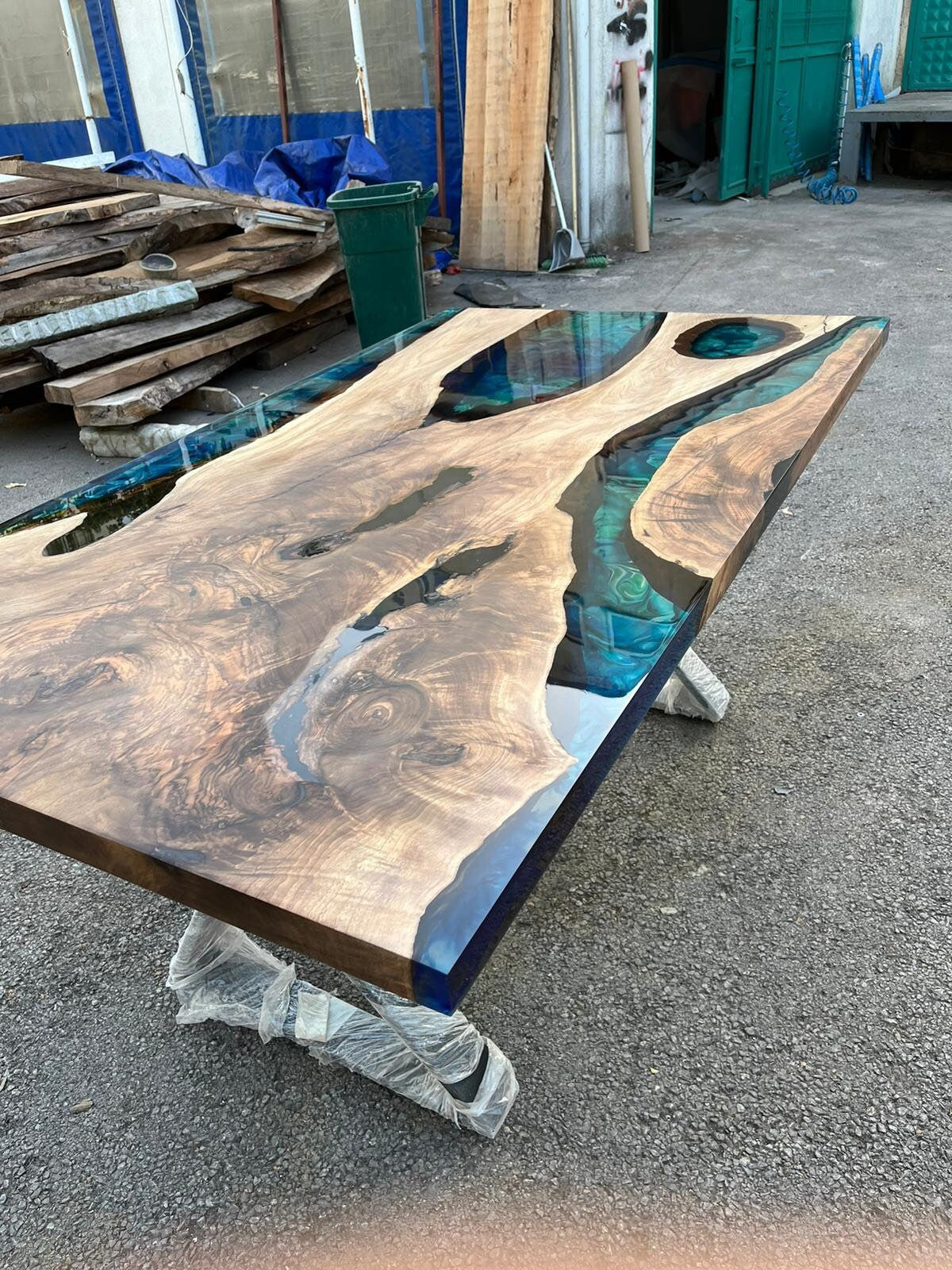 Epoxy Table, Epoxy Dining Table, Walnut Epoxy River Table, Custom 66” x 38” Walnut Blue, Turquoise, Green Epoxy Table Order for Carl