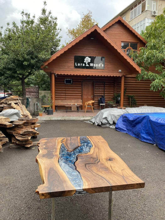 Walnut Dining Table, Live Edge Epoxy Resin Table, Custom 60” x 36” Walnut Blue Gray Table, Epoxy Dining Table, Custom for Shahedah