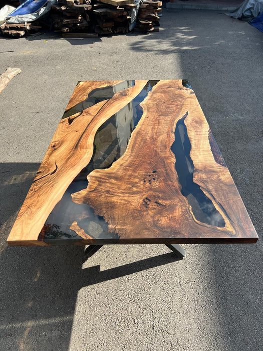 Custom 84” x 48” Walnut Smoke Gray Epoxy River Table Order for Aurora