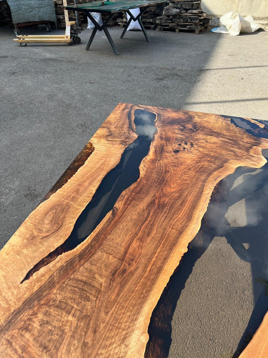 Custom 84” x 48” Walnut Smoke Gray Epoxy River Table Order for Aurora