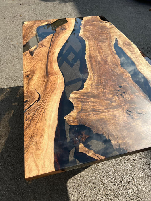 Custom 84” x 48” Walnut Smoke Gray Epoxy River Table Order for Aurora