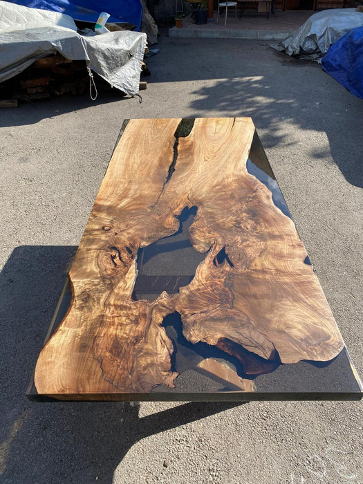 Custom 84” x 36” Walnut Smoke Gray Epoxy River Table Order for Melinda