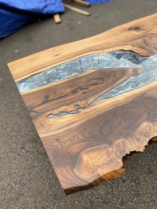 Walnut Dining Table, Live Edge Epoxy Resin Table, Custom 60” x 36” Walnut Blue Gray Table, Epoxy Dining Table, Custom for Shahedah