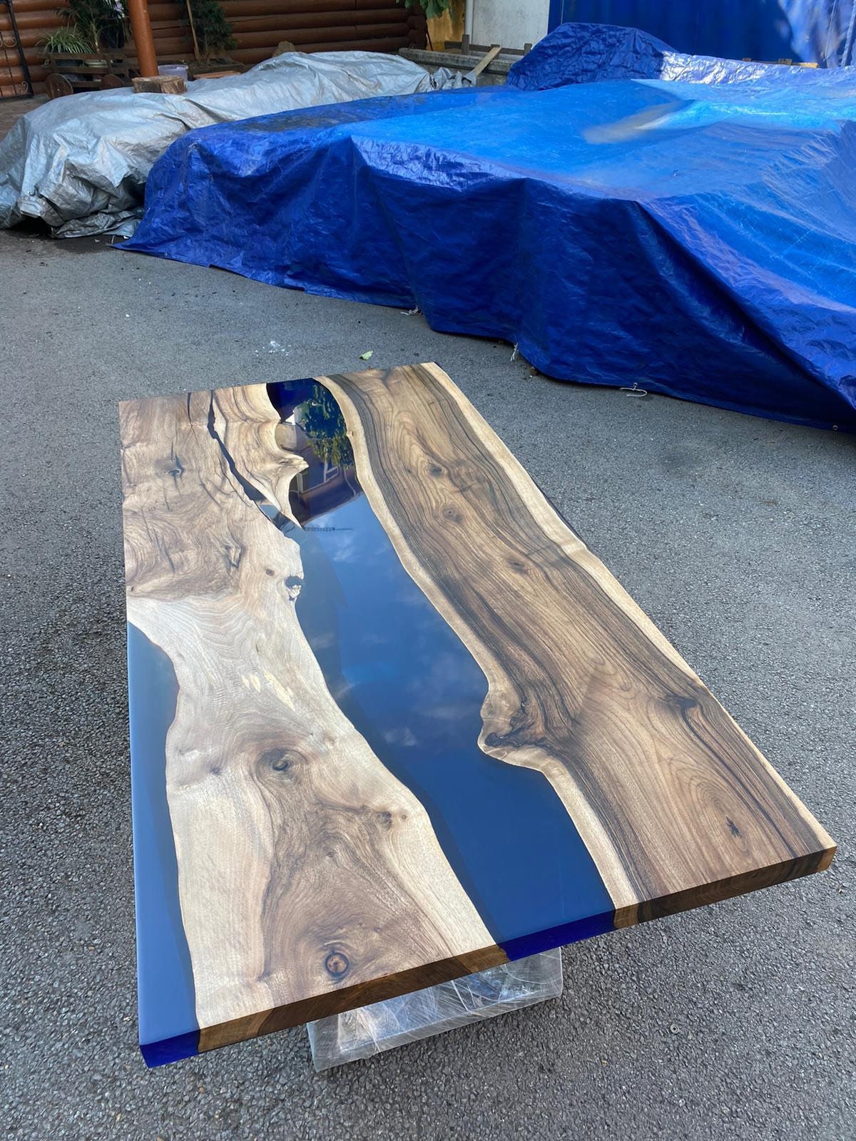 Epoxy Dining Table, Custom 60” x 30” Walnut Blue Epoxy Table, Epoxy River Table, Live Edge Table, Epoxy Resin, Custom Order for Belinda