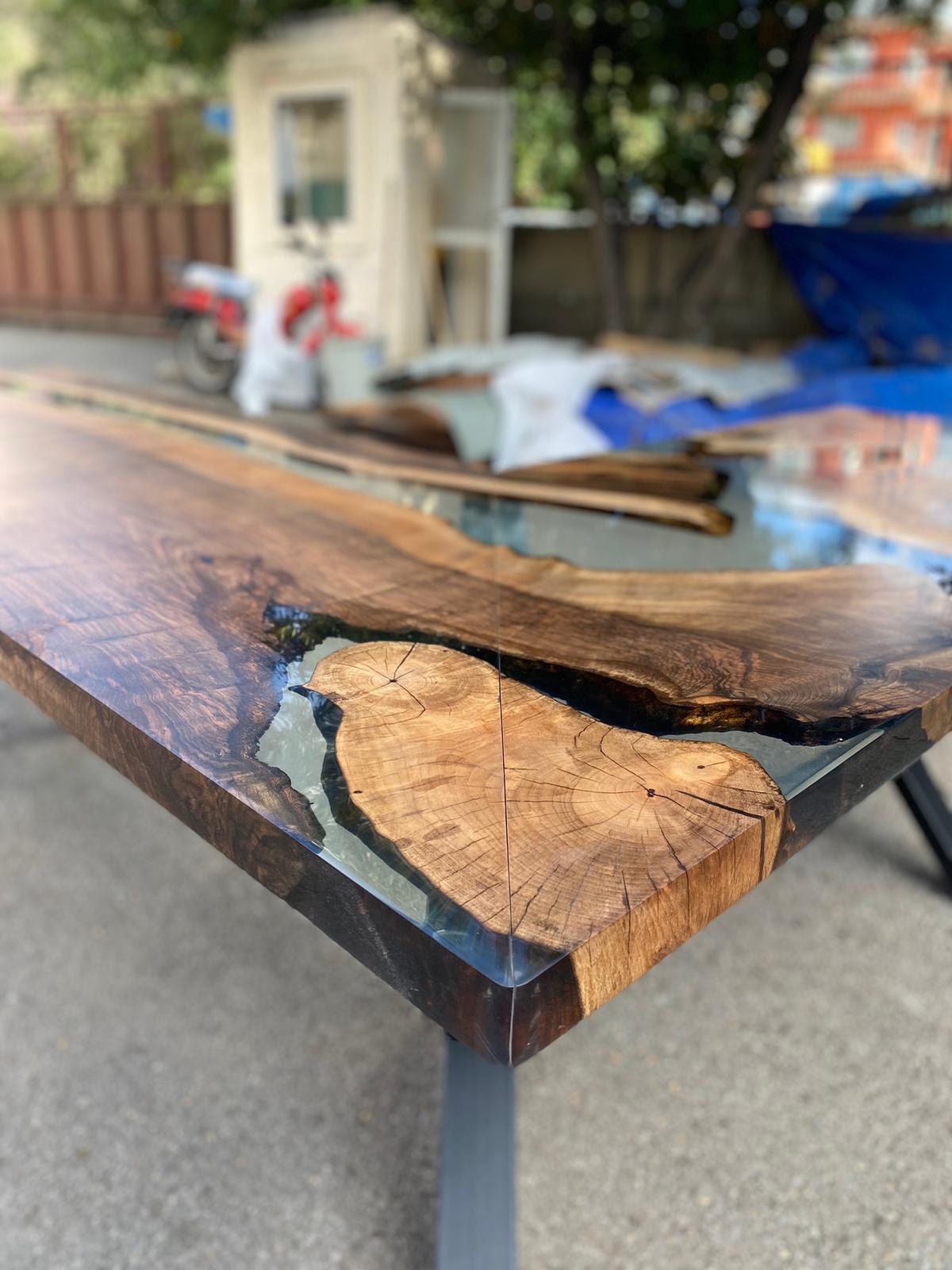 L Shape Epoxy Table, Custom 90” x 72” x 30” Walnut Wood Clear Epoxy Office Desk Order for Kathleen 1