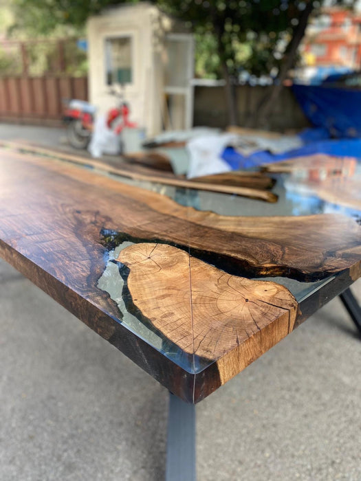 L Shape Epoxy Table, Custom 90” x 72” x 30” Walnut Wood Clear Epoxy Office Desk Order for Kathleen 1