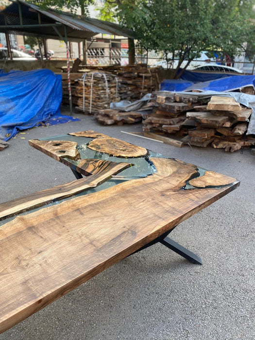 L Shape Epoxy Table, Custom 90” x 72” x 30” Walnut Wood Clear Epoxy Office Desk Order for Kathleen 1