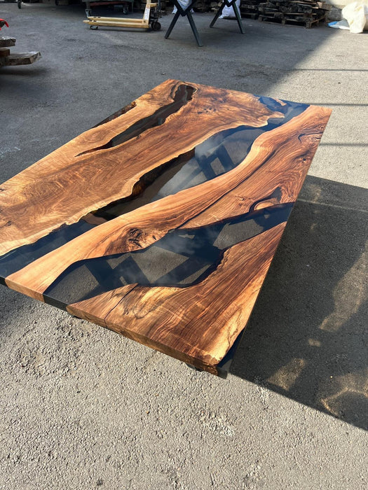 Custom 84” x 48” Walnut Smoke Gray Epoxy River Table Order for Aurora