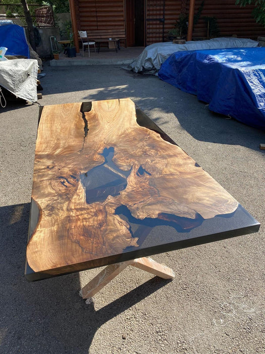 Custom 84” x 36” Walnut Smoke Gray Epoxy River Table Order for Melinda