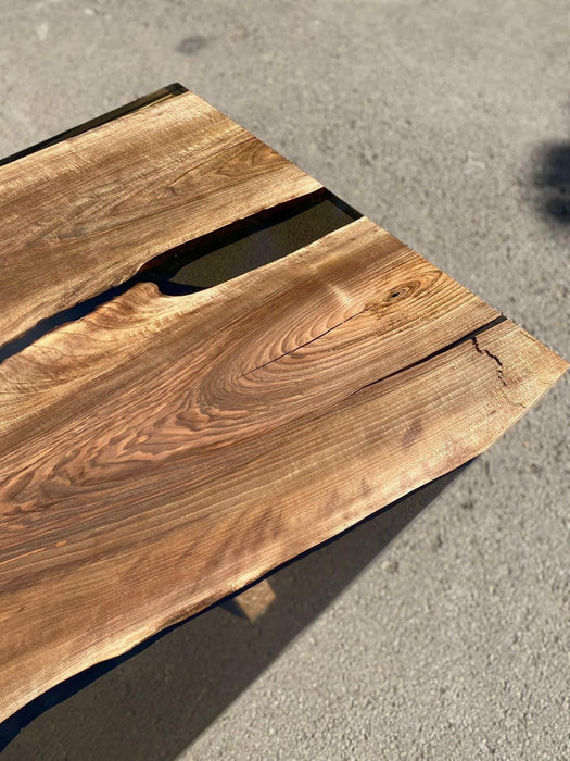 Custom 84” x 36” Walnut Smoke Gray Epoxy River Table Order for Melinda