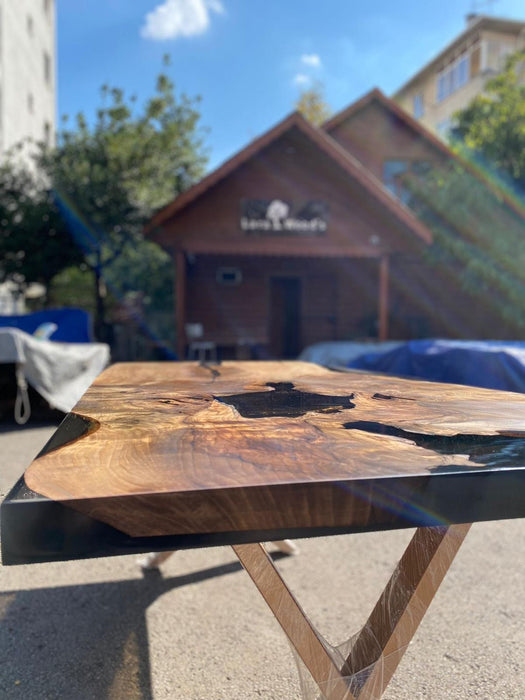 Custom 84” x 36” Walnut Smoke Gray Epoxy River Table Order for Melinda