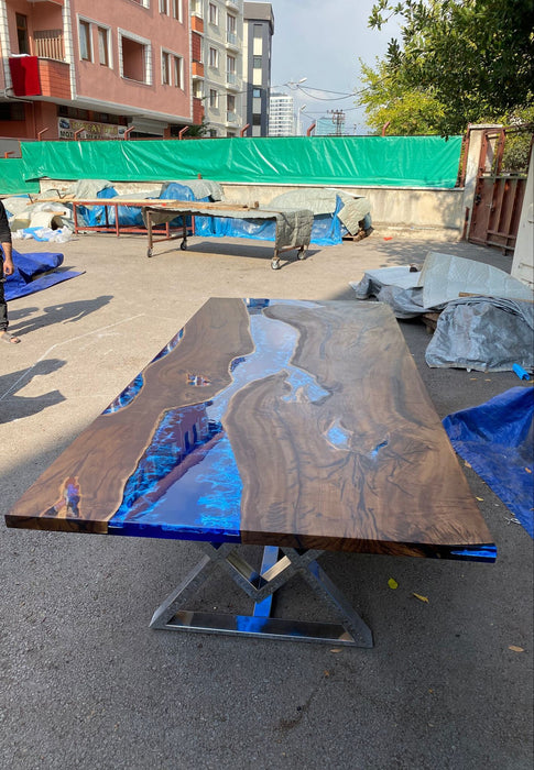 Hackberry Wood Dining Table, Custom 108” x 48” Dark Hackberry Blue Epoxy Dining Table, Live Edge River Table, Custom Order for Loretta