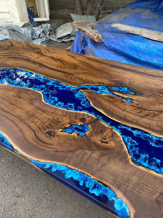 Hackberry Wood Dining Table, Custom 108” x 48” Dark Hackberry Blue Epoxy Dining Table, Live Edge River Table, Custom Order for Loretta