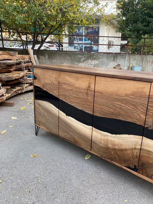 Black Epoxy Resin Credenza, Custom 70”L x 20”D x 30”H Walnut Credenza, Wood Credenza, Walnut Epoxy Credenza Order for Katie L