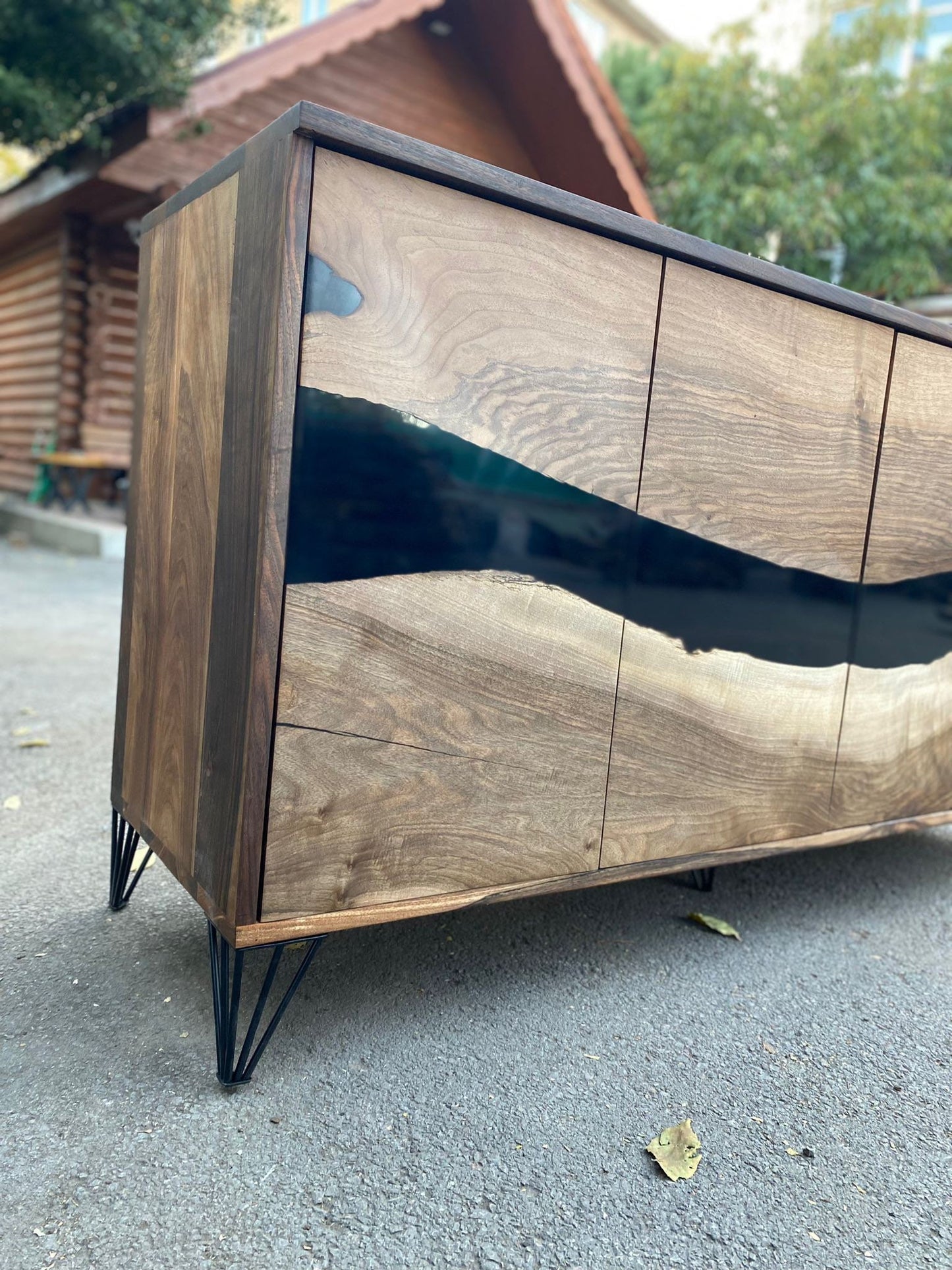 Black Epoxy Resin Credenza, Custom 70”L x 20”D x 30”H Walnut Credenza, Wood Credenza, Walnut Epoxy Credenza Order for Katie L