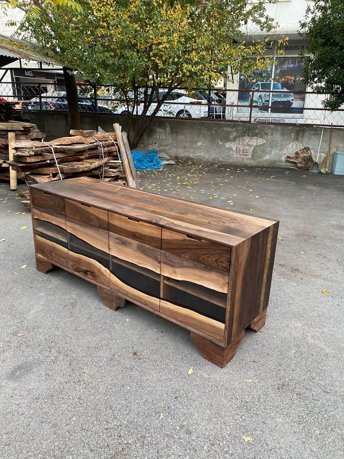 Smoke Gray Epoxy Resin Credenza, Custom 80”L x 24”D x 32”H Walnut Credenza, Wood Credenza Order for Kathleen 3