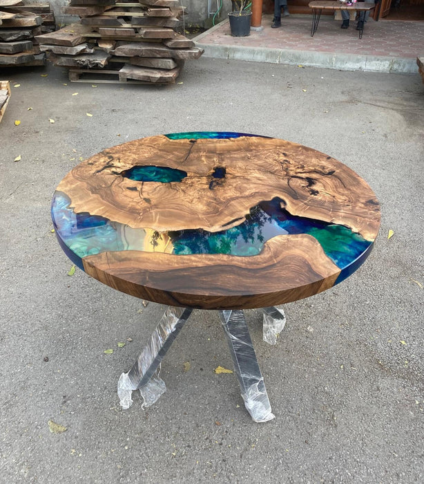 Round Dining Table, Custom 40” Round Walnut Blue Table, Turquoise, Green Epoxy Table, Epoxy Dining Table, Custom Order for Yvonne