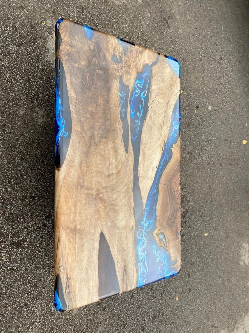 Live Edge Table, Epoxy Coffee Table, Custom 50” x 30” Walnut Ocean Blue, Turquoise White Waves, Epoxy River Coffee Table, Order for Nikolaj