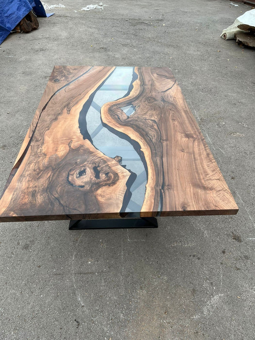 Custom 75” x 45” Walnut Smokey Gray Epoxy River Table Order for Andrea B