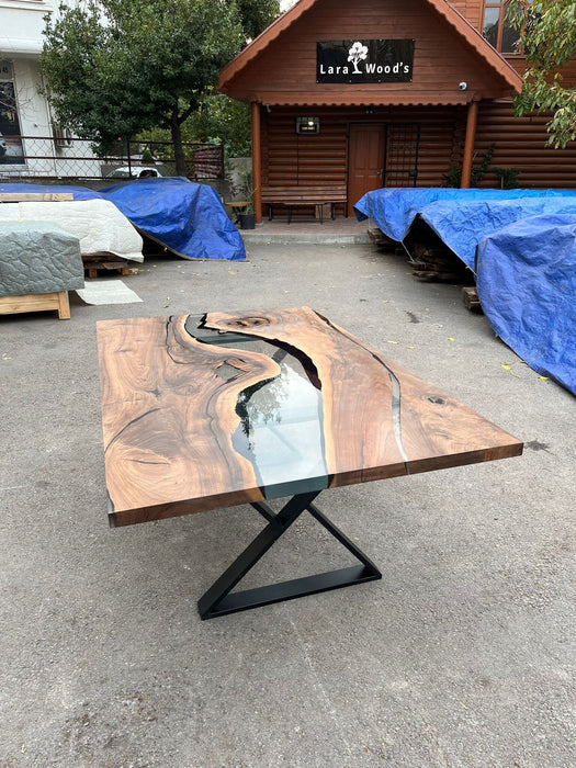 Custom 75” x 45” Walnut Smokey Gray Epoxy River Table Order for Andrea B