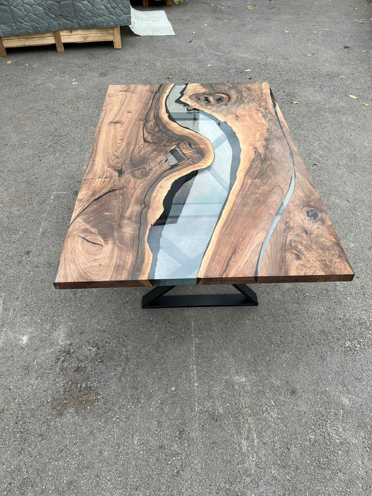 Custom 75” x 45” Walnut Smokey Gray Epoxy River Table Order for Andrea B