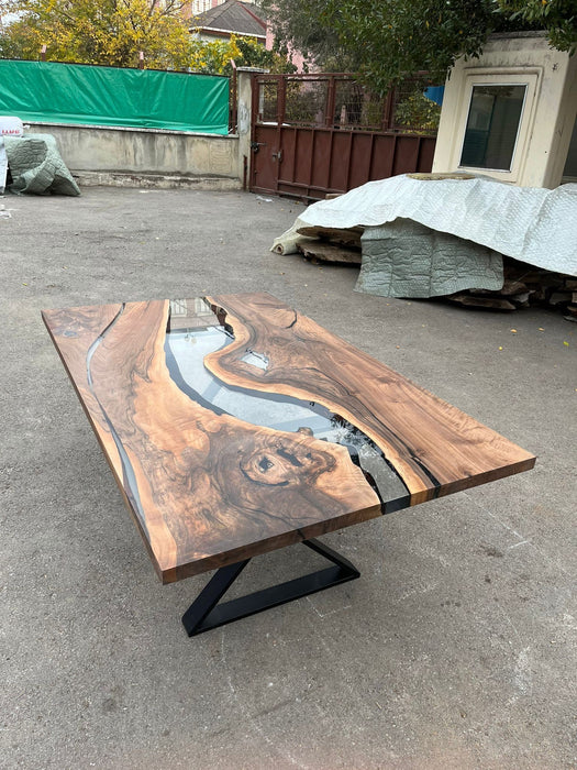 Custom 75” x 45” Walnut Smokey Gray Epoxy River Table Order for Andrea B