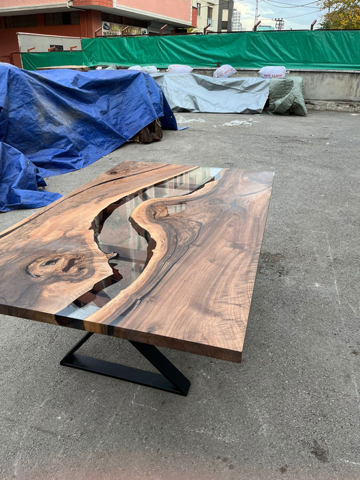 Custom 75” x 45” Walnut Smokey Gray Epoxy River Table Order for Andrea B