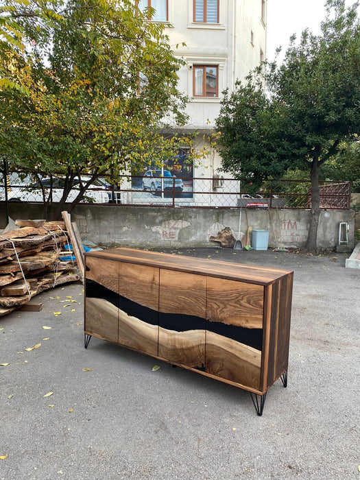 Black Epoxy Resin Credenza, Custom 70”L x 20”D x 30”H Walnut Credenza, Wood Credenza, Walnut Epoxy Credenza Order for Katie L