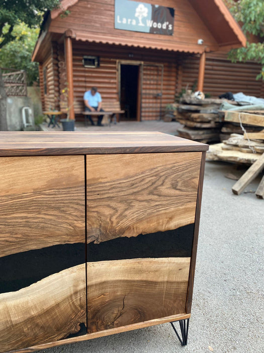 Black Epoxy Resin Credenza, Custom 70”L x 20”D x 30”H Walnut Credenza, Wood Credenza, Walnut Epoxy Credenza Order for Katie L