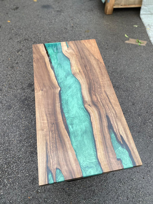 Live Edge Epoxy Mantle, Custom 40” x 20" Walnut Wood Metallic Emerald Green Epoxy Shelf Order for Bryan W