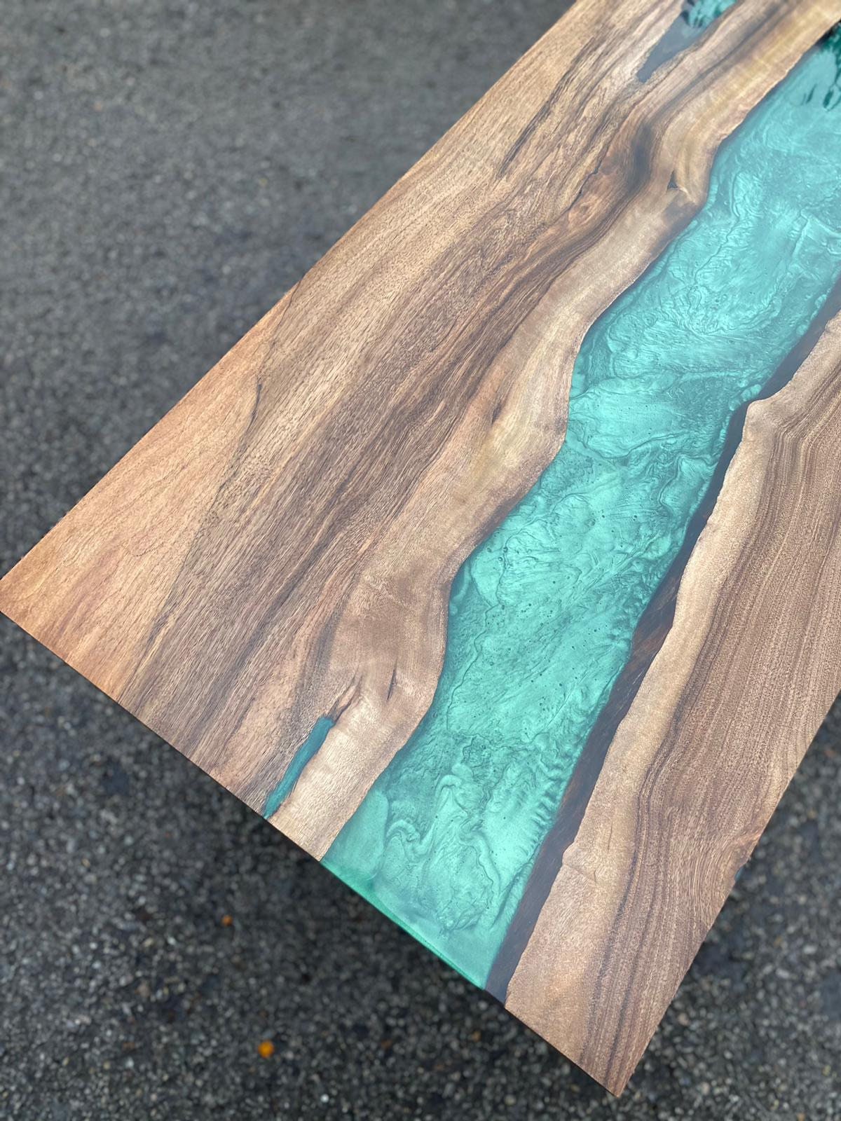 Live Edge Epoxy Mantle, Custom 40” x 20" Walnut Wood Metallic Emerald Green Epoxy Shelf Order for Bryan W